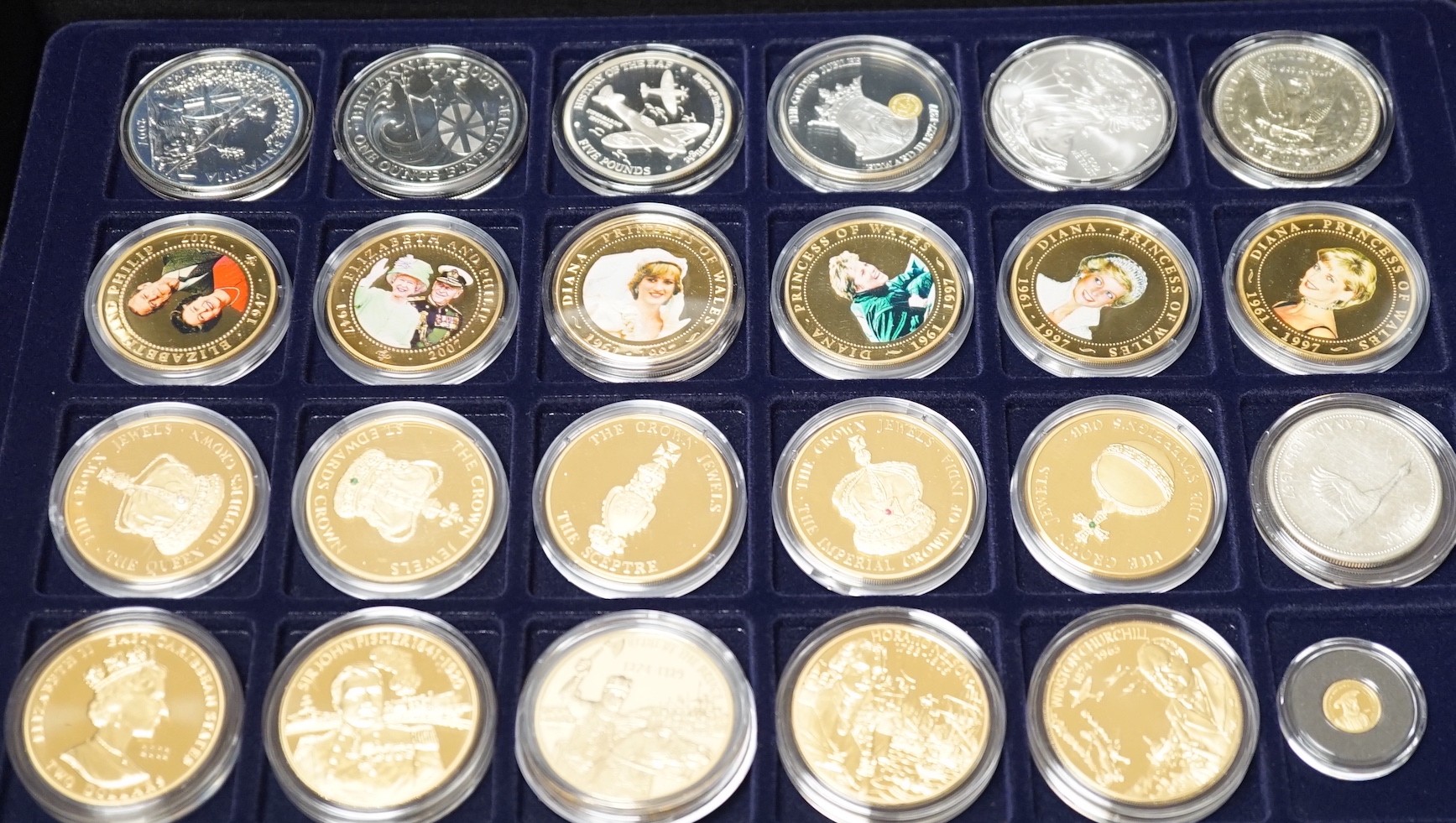 A group of assorted collectors coins, mostly in capsules and a group of loose (often unrelated) certificates